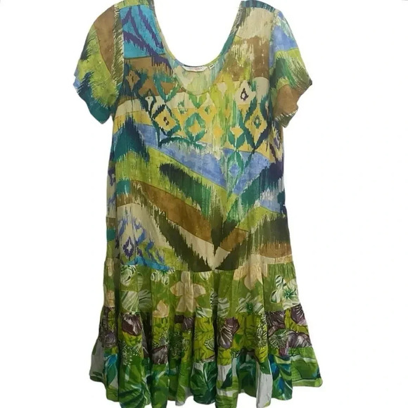 Jams World Green Geometric Ruffle Mini Dress Size Medium - Picture 1 of 4